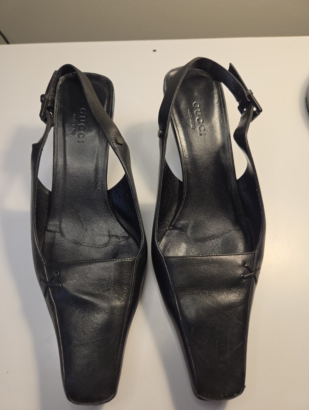 Gucci Black Leather Slingback Square-Toe Mules FAIR READ